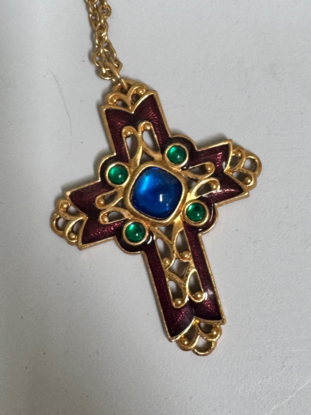 Vintage AVON Gold-Tone Cross Necklace with Blue Center and Green Accents
